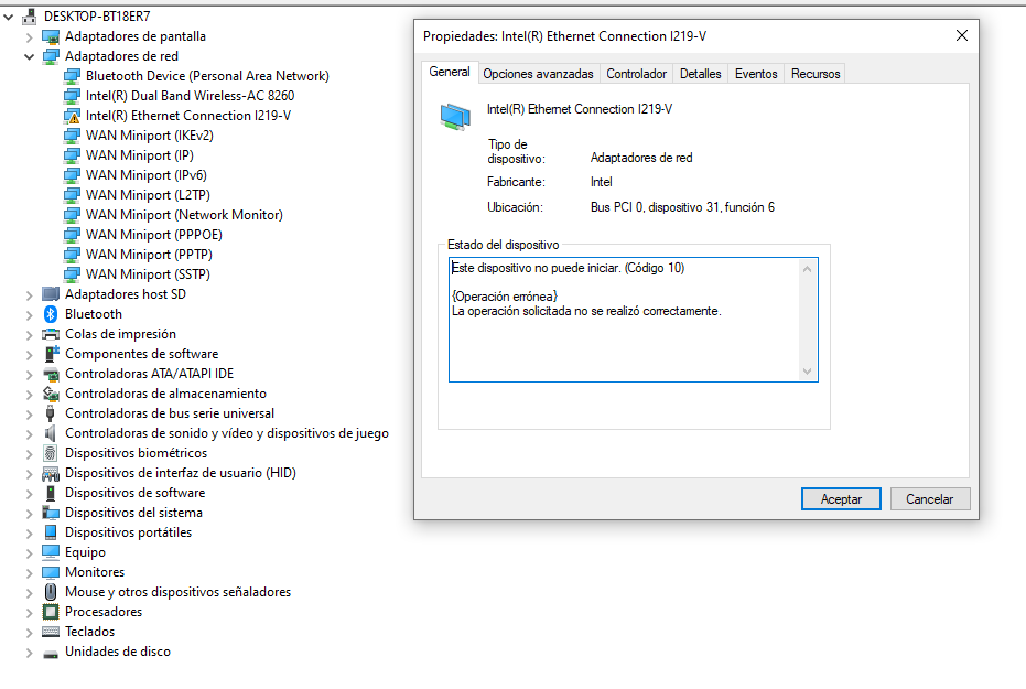 Intel ethernet connection i219-V this device cannot start code 10